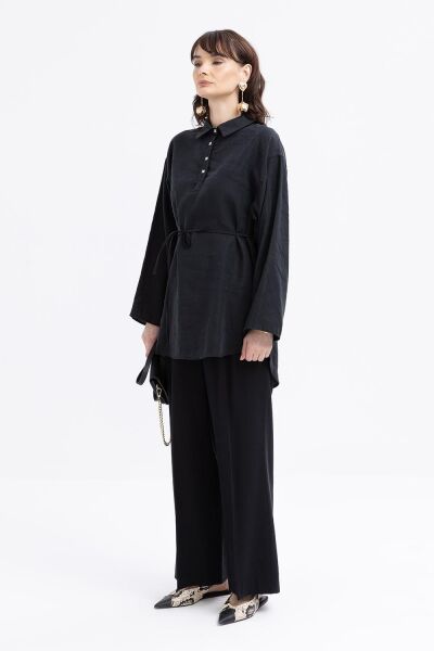 Allday S50247A0 Siyah Kadın Yarım Ptlı Beli Bağcık İpli Tunik