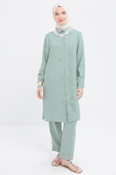 Allday S30086A0 Mint Kadın Nervrlü Yrtmaçlı Modal Pantolonlu Takım