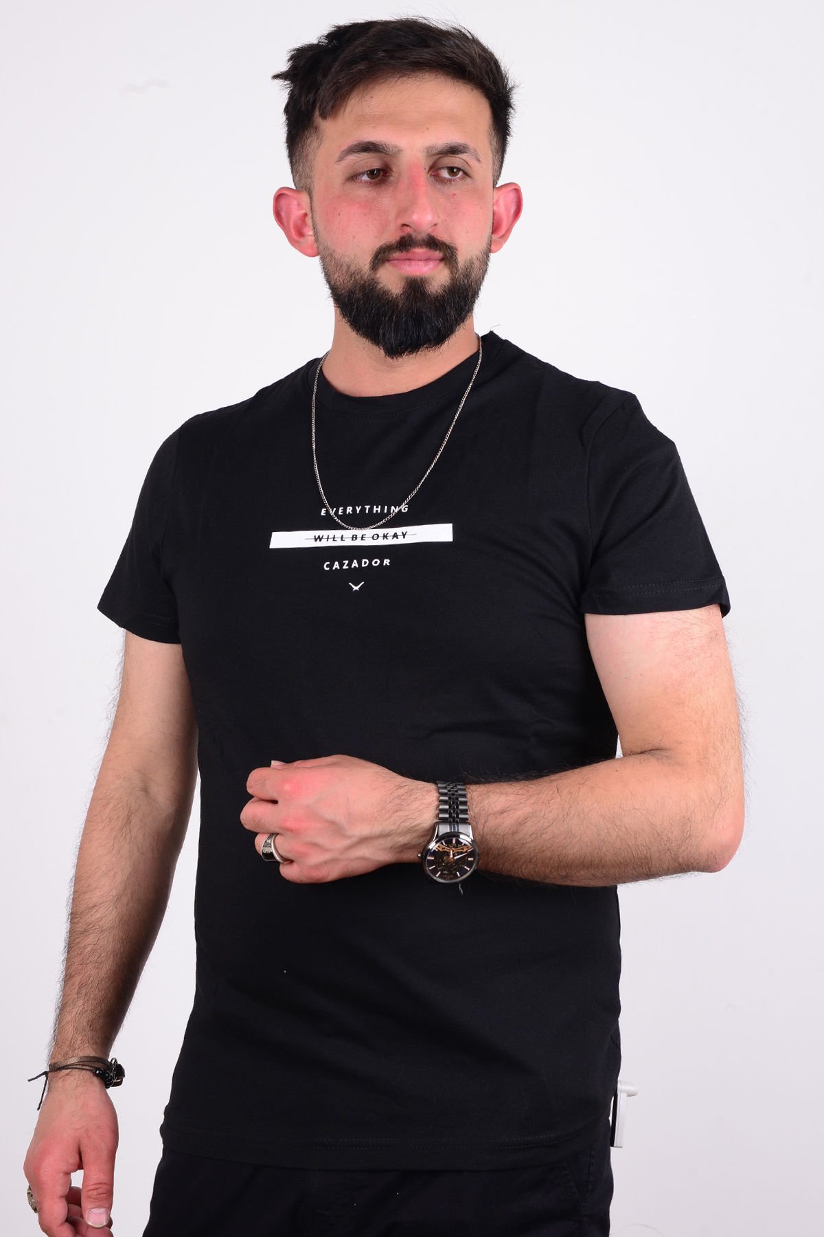 Cazador 24YCEEO04272 Siyah Erkek Slim Fit Bisiklet Yaka Dar Kesim Yazı Detaylı Tşört
