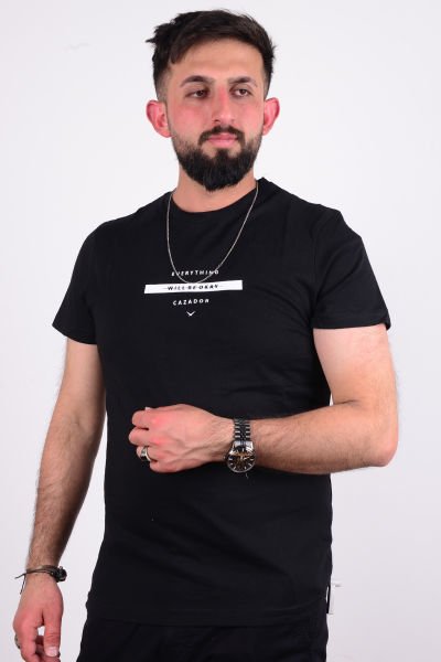 Cazador 24YCEEO04272 Siyah Erkek Slim Fit Bisiklet Yaka Dar Kesim Yazı Detaylı Tşört