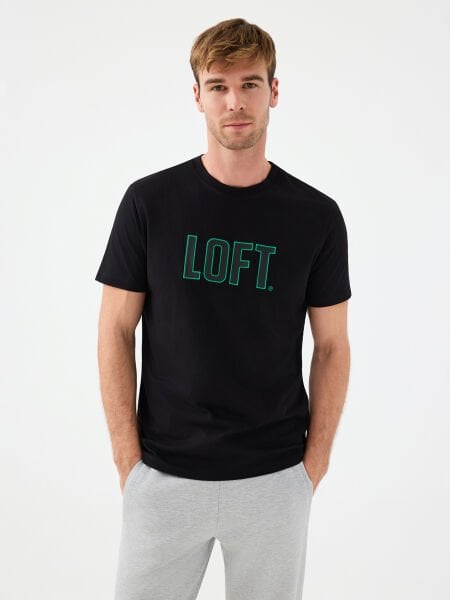 Loft 2040075 Siyah Erkek Bisiklet Yaka Önü Yazılı Detaylı Regular Fit T-shirt