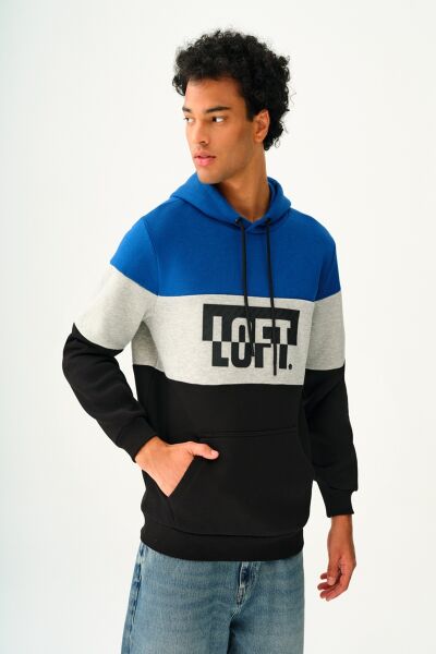 Loft 2037267 Mavi Erkek Kabartma Loft Yazılı Kapüşonlu Kanguru Cepli Sweat