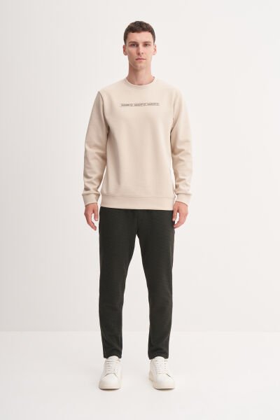 Cazador 53270 Bej Erkek Bisiklet Yaka Önü Baskılı Regular Fit Sweatshirt