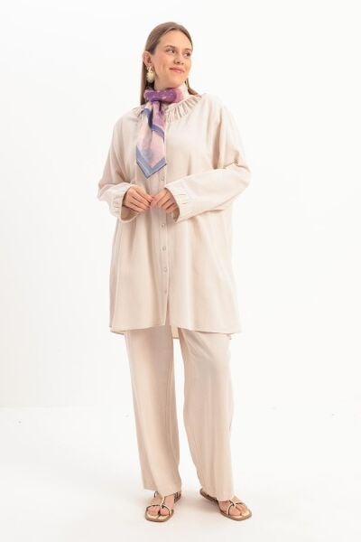 Allday S30089A9 Taş Kadın Büzgü Detaylı Büyük Beden Keten Pantolonlu Takım