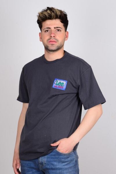Lee LL10FEON Antrasit Arkası Baskılı Bisiklet Yaka Erkek T-shirt