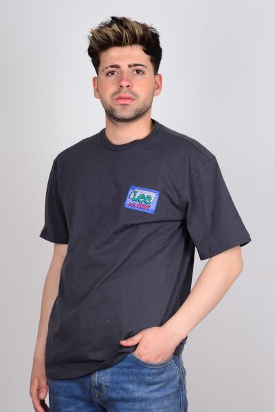 Lee LL10FEON Antrasit Arkası Baskılı Bisiklet Yaka Erkek T-shirt