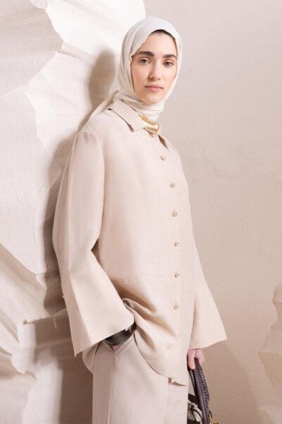 Allday S30083A0 Bej Kadın Geniş Katlamalı Yırtmaçlı Keten Pantolonlu Takım