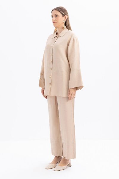 Allday S30083A0 Bej Kadın Geniş Katlamalı Yırtmaçlı Keten Pantolonlu Takım