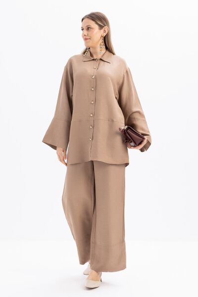 Allday S30083A0 Vizon Kadın Geniş Katlamalı Yırtmaçlı Keten Pantolonlu Takım