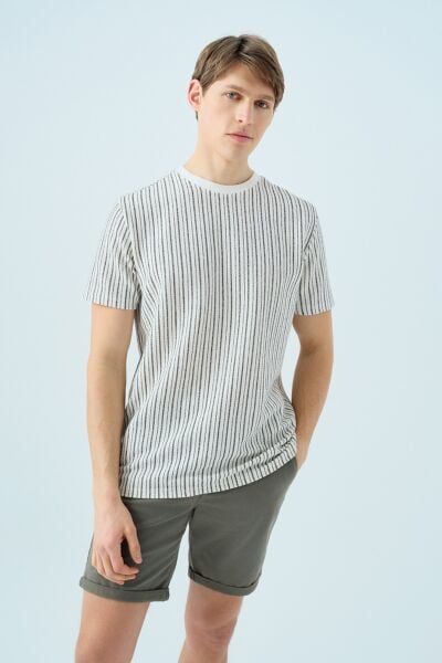 Loft LF2038584 Kırık Beyaz Erkek Çizgili Bisiklet Yaka Regular Fit T-Shirt