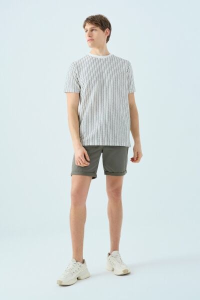 Loft LF2038584 Kırık Beyaz Erkek Çizgili Bisiklet Yaka Regular Fit T-Shirt