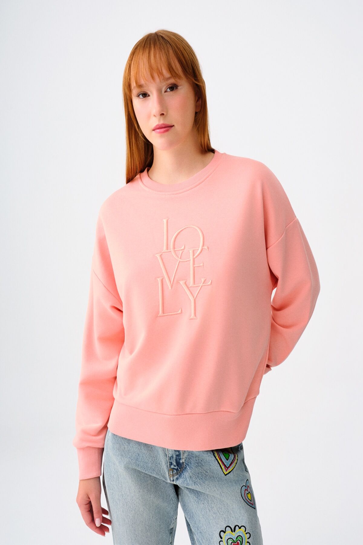 Loft 2038201 Pudra Pembe Kadın Bisiklet Yaka LOVEY Baskılı 2 İplik Sweat