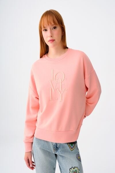 Loft 2038201 Pudra Pembe Kadın Bisiklet Yaka LOVEY Baskılı 2 İplik Sweat