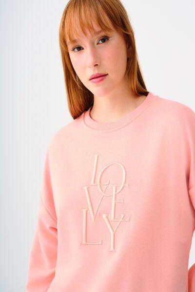 Loft 2038201 Pudra Pembe Kadın Bisiklet Yaka LOVEY Baskılı 2 İplik Sweat