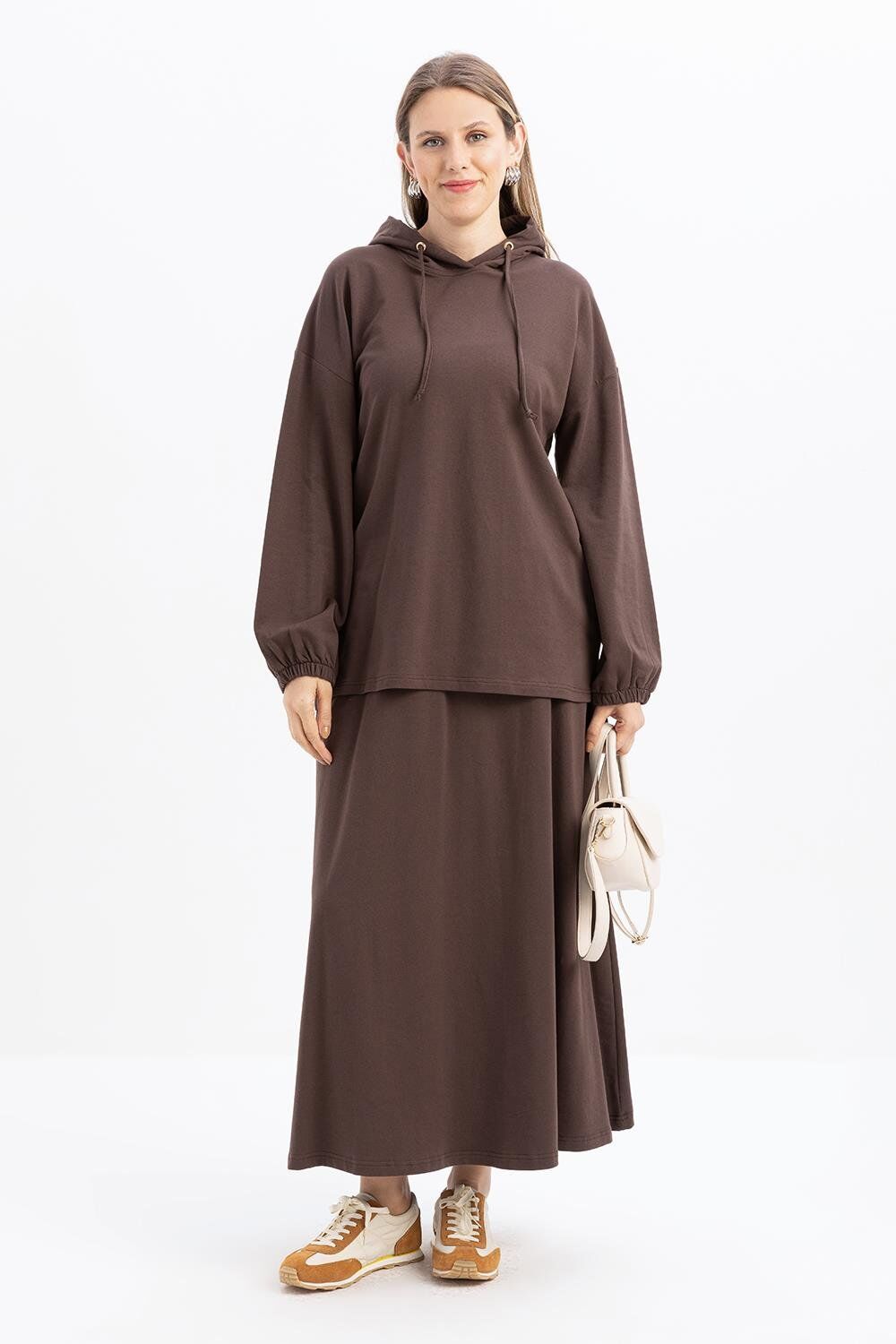 Allday S32038A0 Kahve Kadın Kapişonlu Etekli Takım