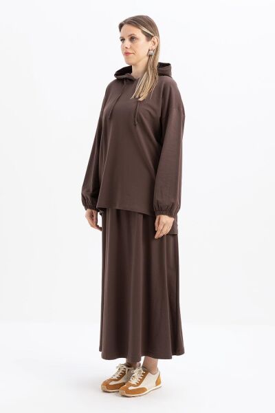 Allday S32038A0 Kahve Kadın Kapişonlu Etekli Takım