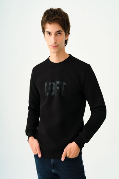 Loft 2037363 Siyah Erkek Lastik Kabartmalı İçi Polarlı Bisiklet Yaka Üç İplik Sweat