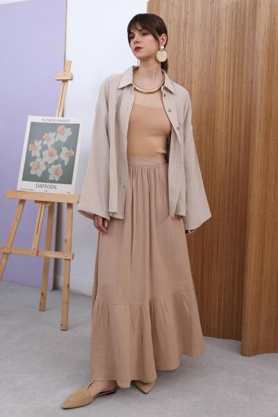 Allday 24DS62059AL0 Bej Kadın Müslim Kumaş Kloş Etek