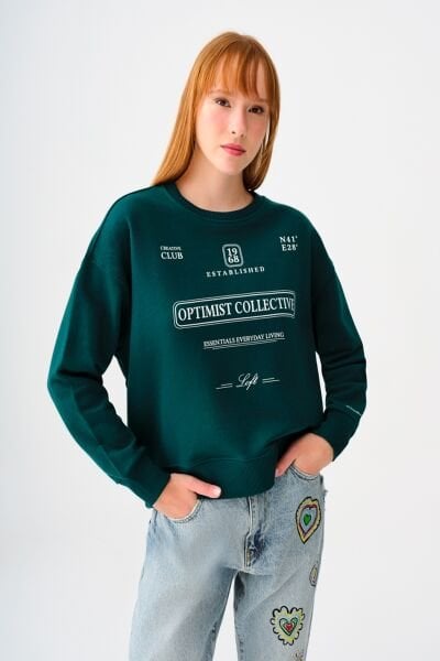 Loft 2038202 Yeşil Kadın Baskılı Bisiklet Yaka Extra Geniş Belli Sweat