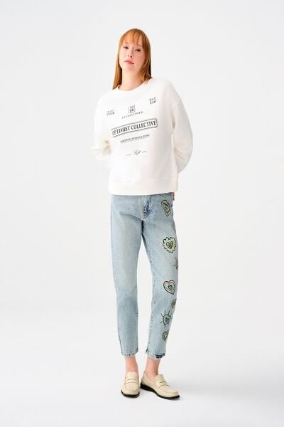 Loft 2038202 Ekru Kadın Baskılı Bisiklet Yaka Extra Geniş Belli Sweat