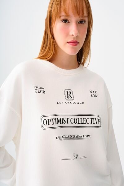 Loft 2038202 Ekru Kadın Baskılı Bisiklet Yaka Extra Geniş Belli Sweat