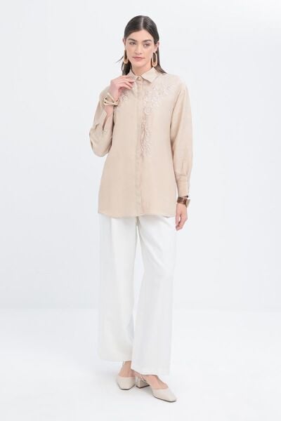 Allday S51317A0 Bej Kadın Nakışlı Keten Gömlek