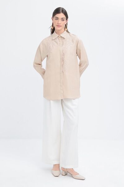 Allday S51317A0 Bej Kadın Nakışlı Keten Gömlek