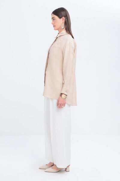 Allday S51317A0 Bej Kadın Nakışlı Keten Gömlek