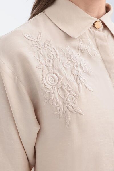 Allday S51317A0 Bej Kadın Nakışlı Keten Gömlek