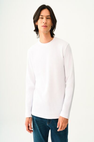 Loft 2033363 Beyaz Erkek Bisiklet Yaka Lif Desenli Regular Fit Sweat Tshirt
