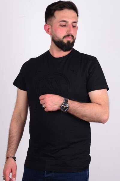 Cazador 24YCEEO04266 Siyah Erkek Slim Fit Bisiklet Yaka Dar Kesim Kabartma Baskılı Tşört