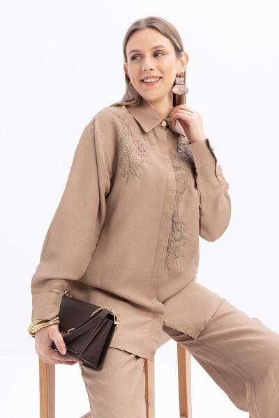 Allday S51317A0 Vizon Kadın Nakışlı Keten Gömlek