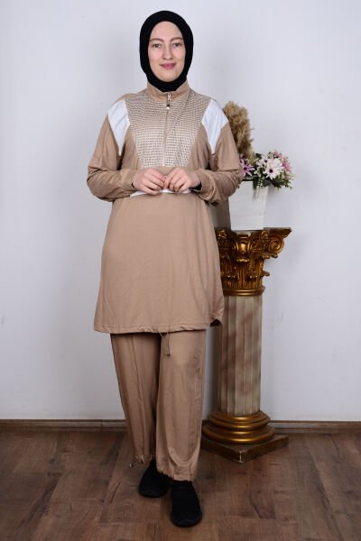 Armine 24YT602 Bej Kadın Önü File Desenli Rahat Kesim Yarı Fermuarlı Pantolon Beli Paçası Lastikli İkili Takım