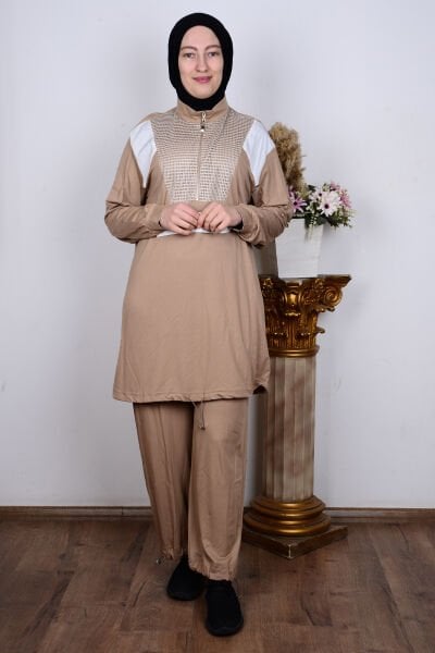 Armine 24YT602 Bej Kadın Önü File Desenli Rahat Kesim Yarı Fermuarlı Pantolon Beli Paçası Lastikli İkili Takım