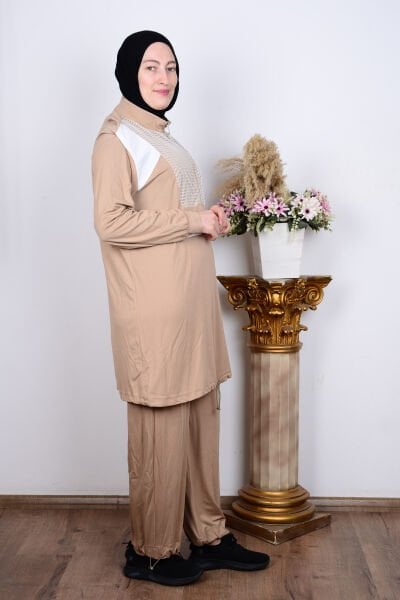 Armine 24YT602 Bej Kadın Önü File Desenli Rahat Kesim Yarı Fermuarlı Pantolon Beli Paçası Lastikli İkili Takım