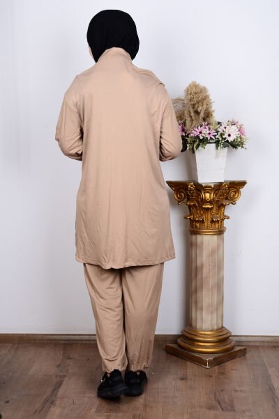 Armine 24YT602 Bej Kadın Önü File Desenli Rahat Kesim Yarı Fermuarlı Pantolon Beli Paçası Lastikli İkili Takım