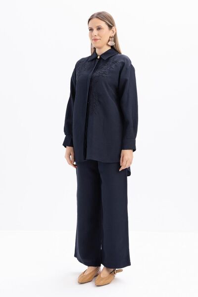 Allday S51317A0 İndigo Kadın Nakışlı Keten Gömlek