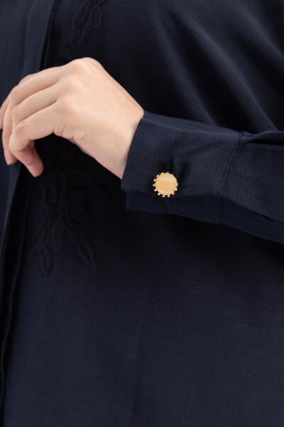 Allday S51317A0 İndigo Kadın Nakışlı Keten Gömlek