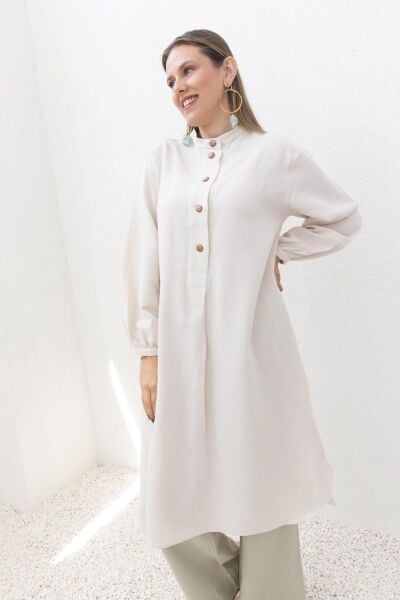 Allday S50252A0 Taş Kadın Keten Düğmeli Relax Fit Tunik