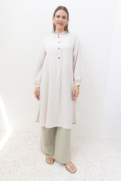Allday S50252A0 Taş Kadın Keten Düğmeli Relax Fit Tunik