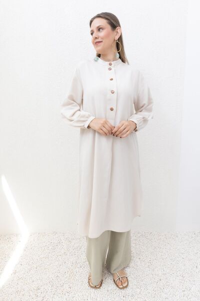 Allday S50252A0 Taş Kadın Keten Düğmeli Relax Fit Tunik