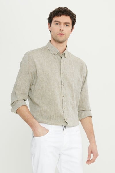 Altınyıldız ACE020252163 Haki Erkek Comfort Fit Düğmeli Yaka Uzun Kol Gömlek
