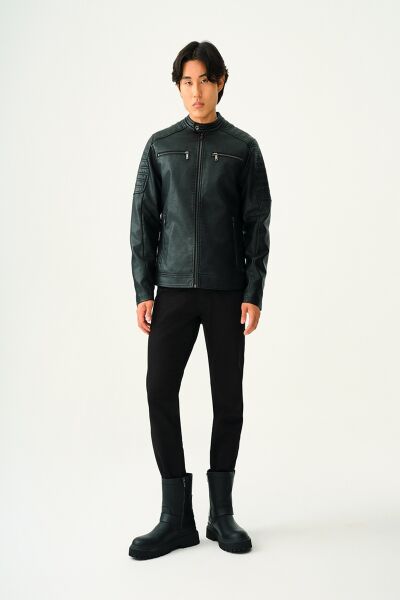 Loft 2033245 Siyah Erkek Bisiklet Yaka Fermuarlı Cep Detaylı Boğazdan Düğmeli Deri Mont