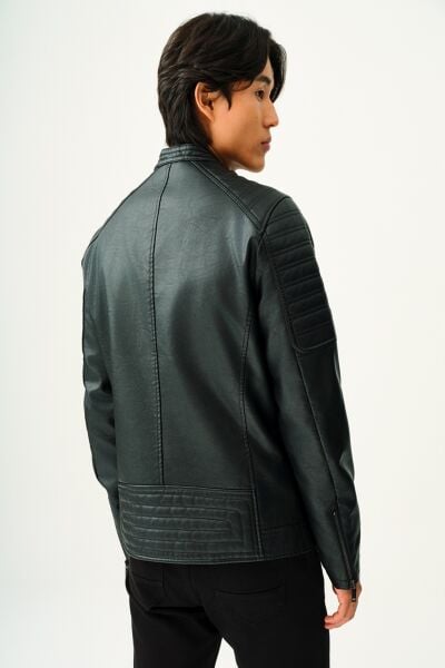 Loft 2033245 Siyah Erkek Bisiklet Yaka Fermuarlı Cep Detaylı Boğazdan Düğmeli Deri Mont