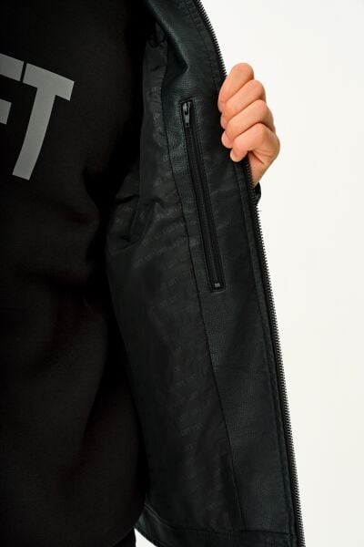 Loft 2033245 Siyah Erkek Bisiklet Yaka Fermuarlı Cep Detaylı Boğazdan Düğmeli Deri Mont