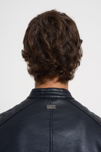 Loft 2033245 Siyah Erkek Bisiklet Yaka Fermuarlı Cep Detaylı Boğazdan Düğmeli Deri Mont