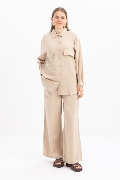 Allday S30082A0 Bej Kadın Büyük Cepli Keten Pantolonlo Takım