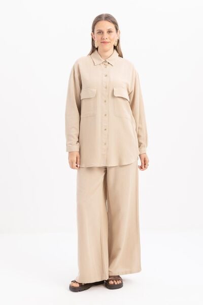 Allday S30082A0 Bej Kadın Büyük Cepli Keten Pantolonlo Takım