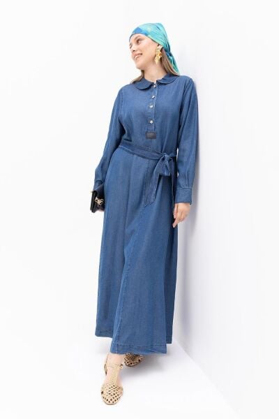 Allday S60167A0 Mavi Kadın Yarım Patlı Kuşaklı Denim Elbise