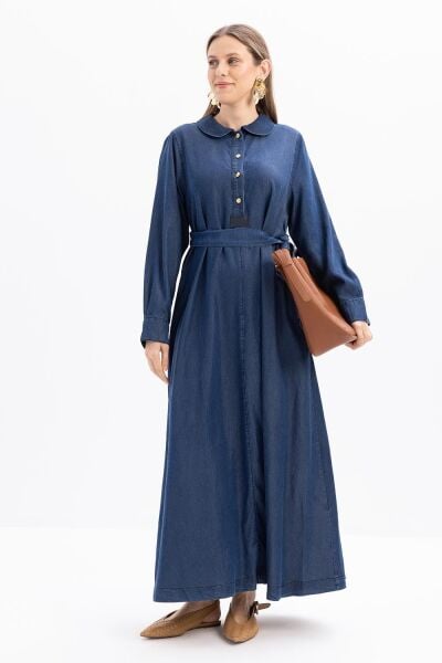 Allday S60167A0 Koyu Mavi Kadın Yarım Patlı Kuşaklı Denim Elbise